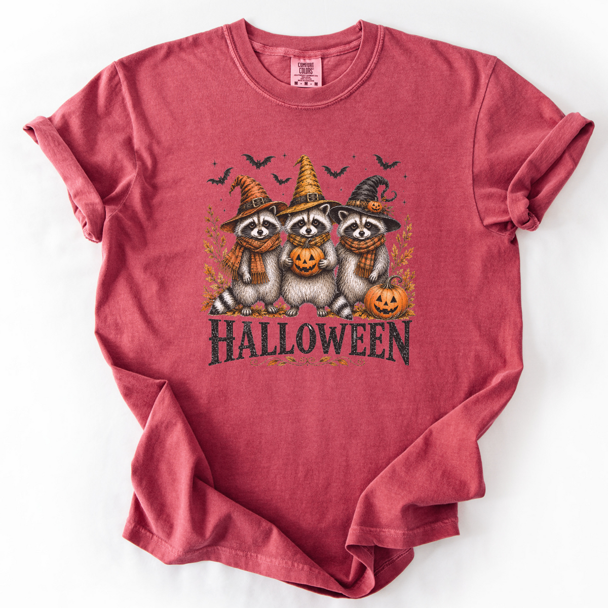 Vintage Halloween Raccoons Witch Hat Graphic Tee | Foxfire & Fable - Crimson