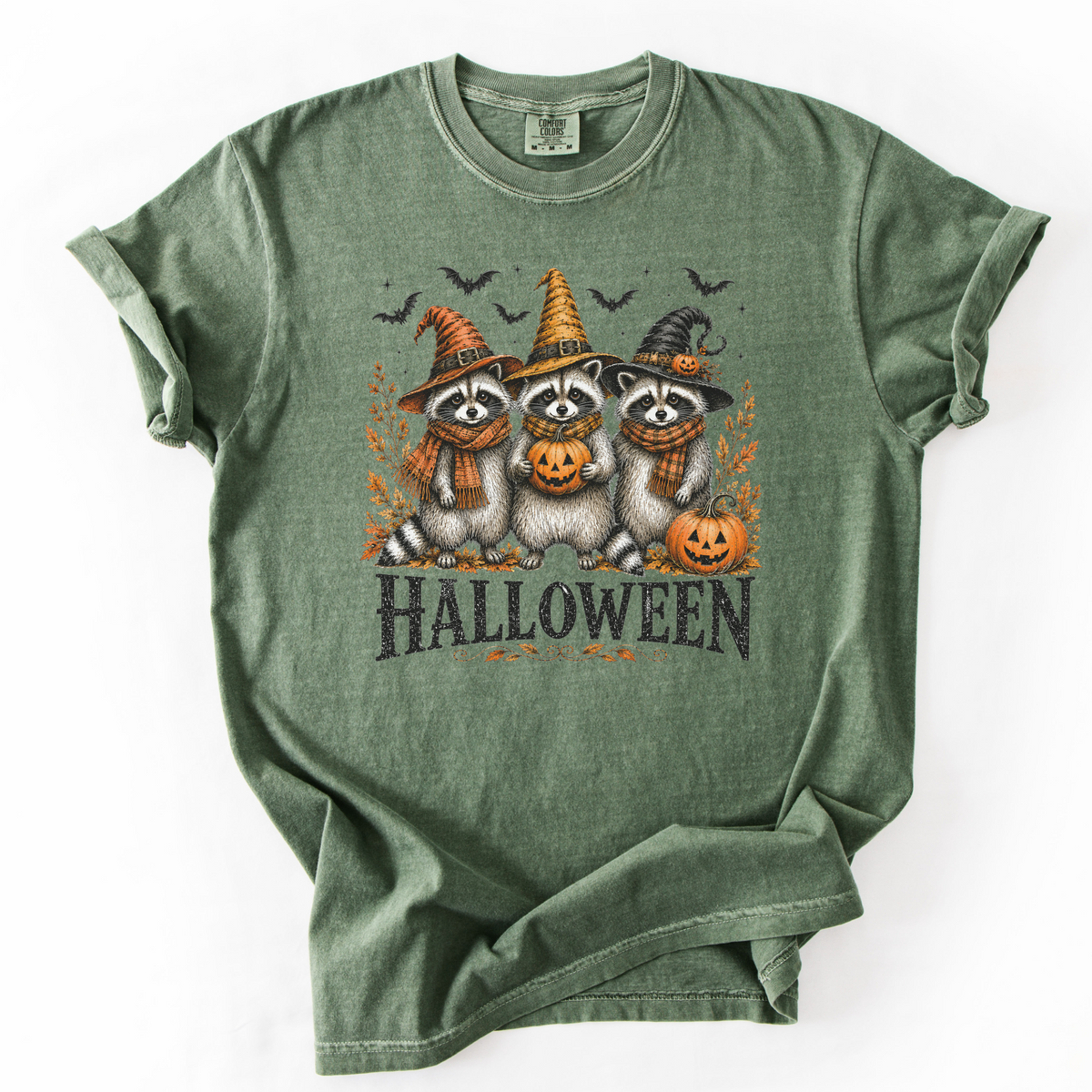 Vintage Halloween Raccoons Witch Hat Graphic Tee | Foxfire & Fable - Moss