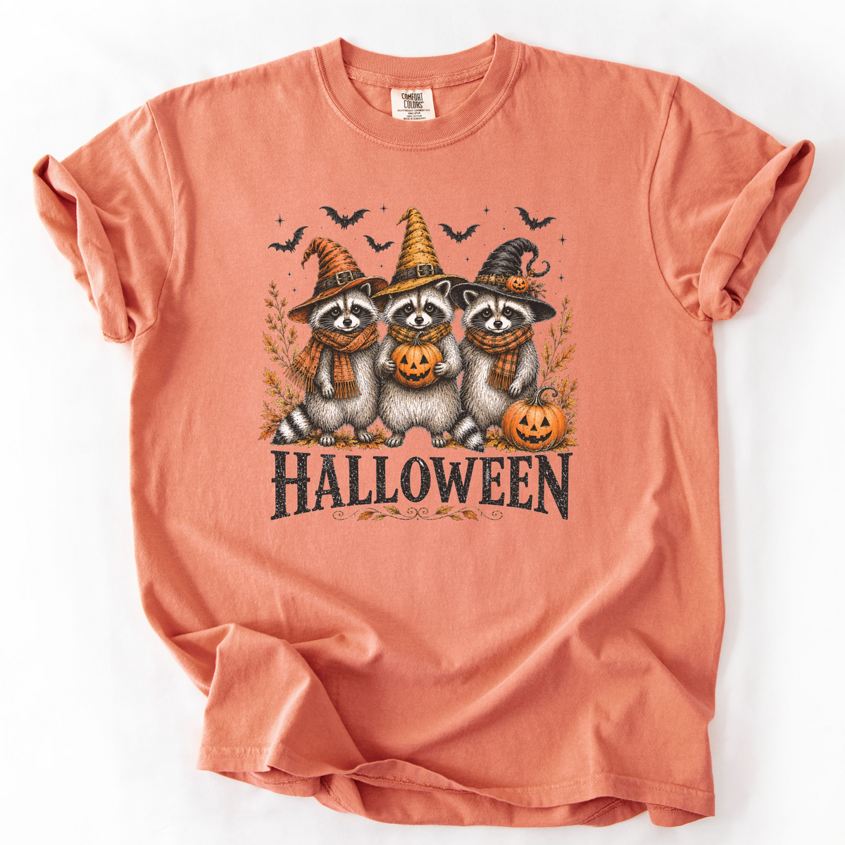 Vintage Halloween Raccoons Witch Hat Graphic Tee | Foxfire & Fable - Terracotta
