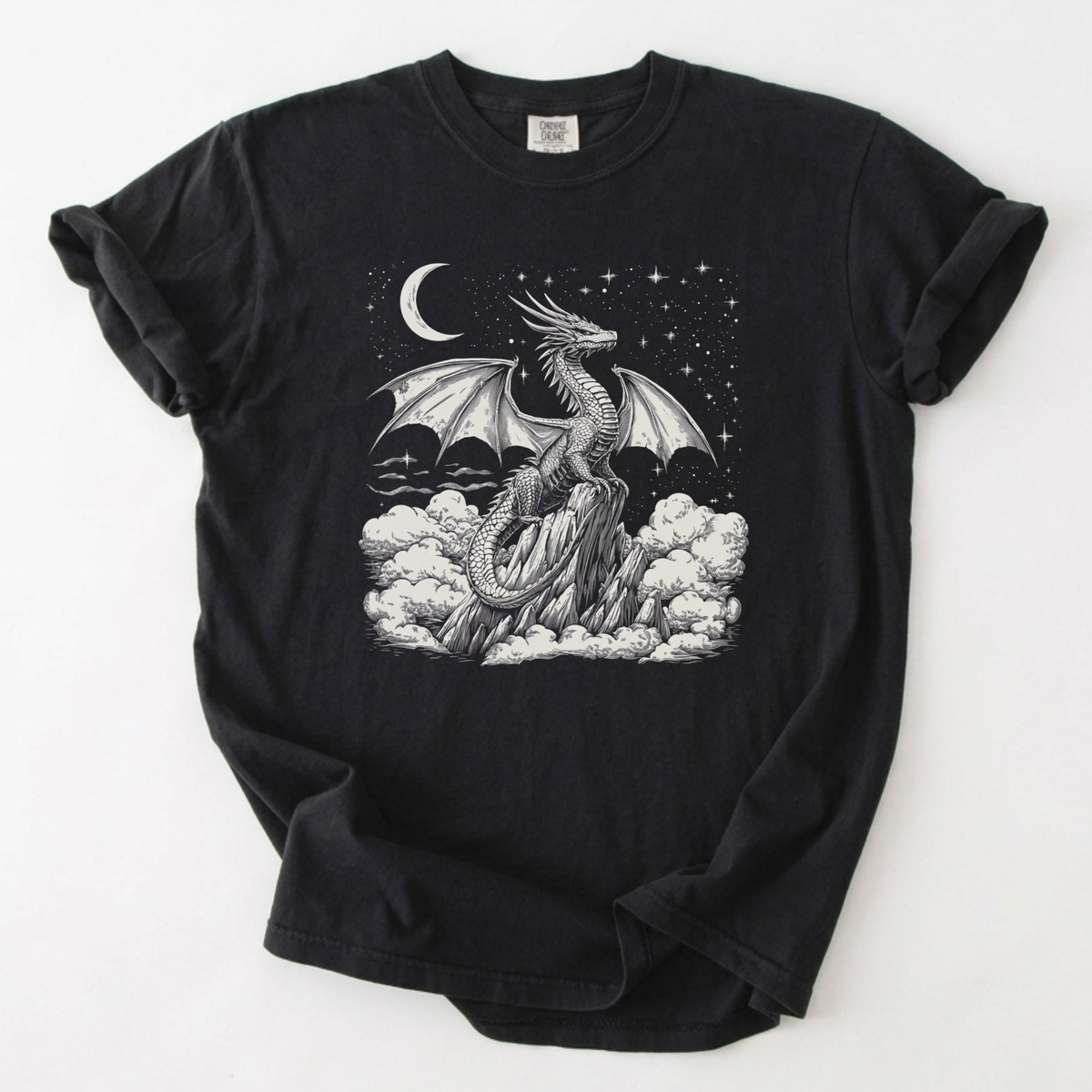 Moonlit Mountain Dragon T-Shirt - Mystical Fantasy Graphic Tee | Foxfire & Fable - Black