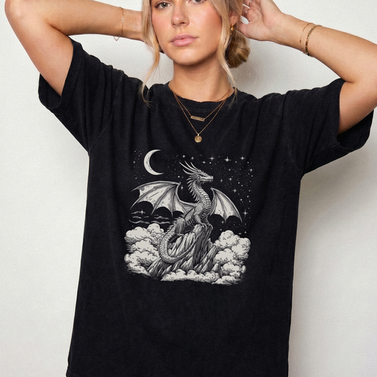 Moonlit Mountain Dragon T-Shirt - Mystical Fantasy Graphic Tee | Foxfire & Fable
