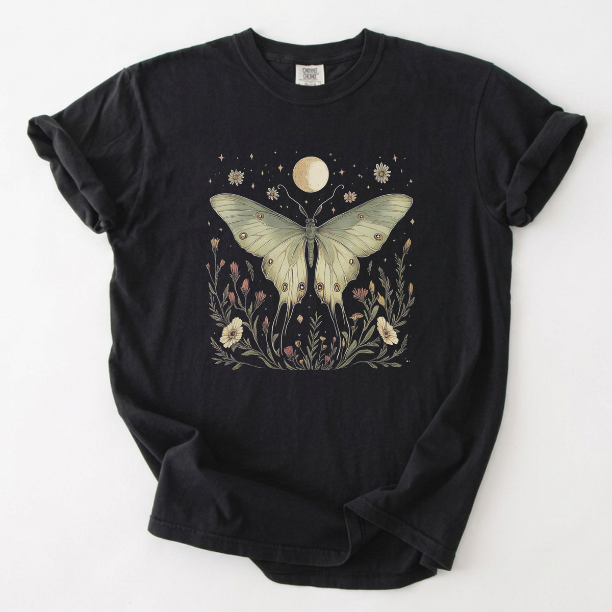 Celestial Luna Moth Shirt Vintage Botanical Moon Witchy Tee | Foxfire & Fable - Black