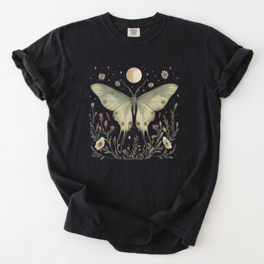 Celestial Luna Moth Shirt Vintage Botanical Moon Witchy Tee | Foxfire & Fable - Black