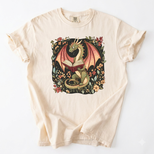 Vintage Bookish Dragon Floral Shirt | Cottagecore Fantasy Tee | Foxfire & Fable - Ivory