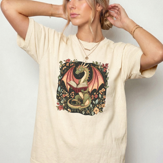 Vintage Bookish Dragon Floral Shirt | Cottagecore Fantasy Tee | Foxfire & Fable