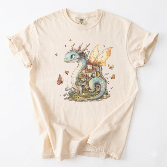 Cottagecore Dragon Village Shirt Whimsical Fairytale Fantasy Tee | Foxfire & Fable - Ivory
