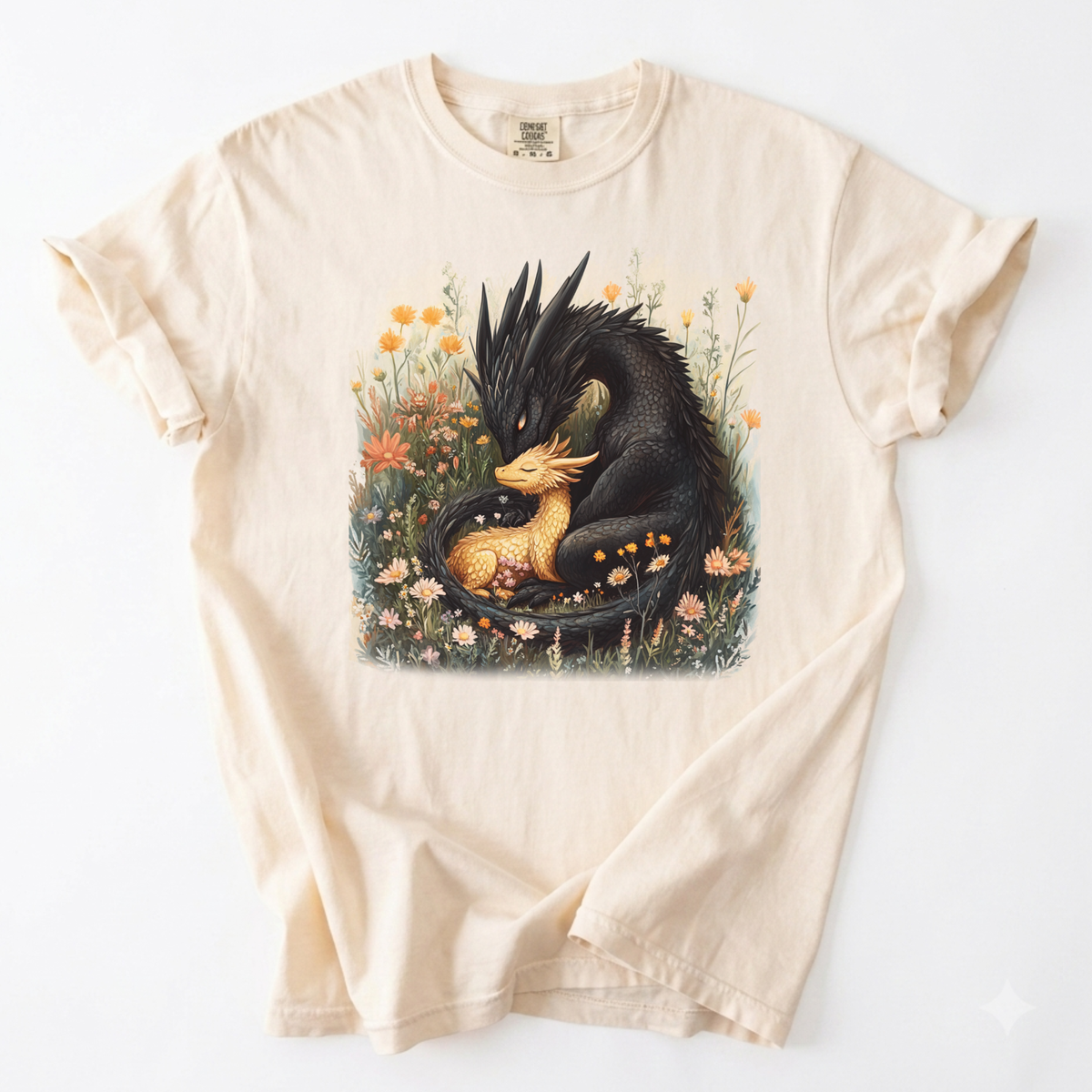 Dark Dragon and Golden Hatchling Botanical Fantasy Shirt | Foxfire & Fable - Ivory