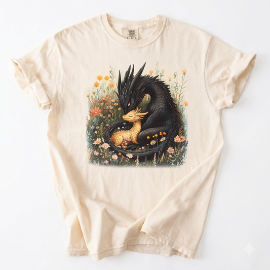 Dark Dragon and Golden Hatchling Botanical Fantasy Shirt | Foxfire & Fable - Ivory