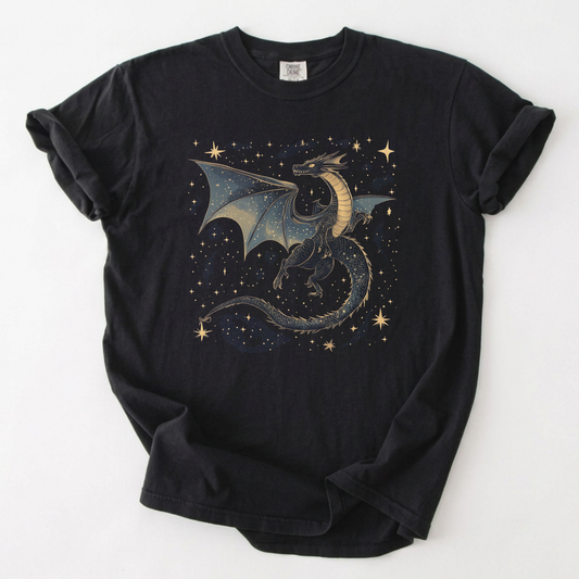 Celestial Dragon Graphic Tee | Mystical Starlight Fantasy Shirt | Foxfire & Fable - Black