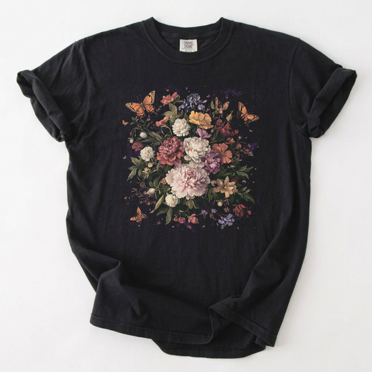 Dark Botanical Butterfly Floral Shirt | Vintage Cottagecore Tee | Foxfire & Fable - Black