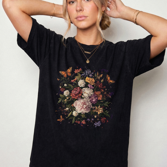 Dark Botanical Butterfly Floral Shirt | Vintage Cottagecore Tee | Foxfire & Fable
