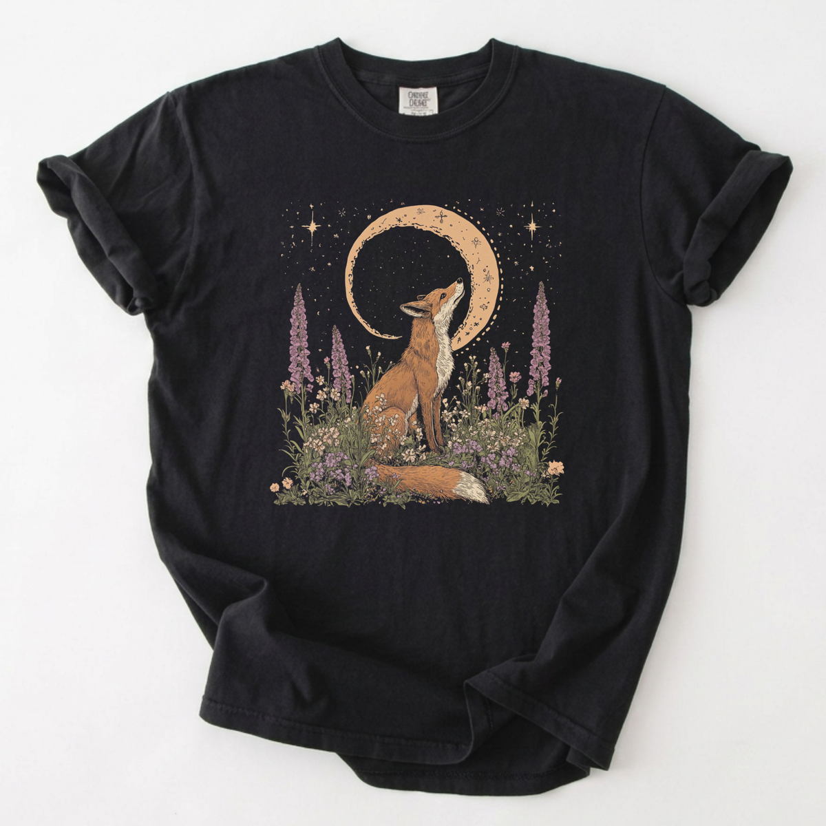 Mystical Celestial Fox & Wildflower Crescent Moon Shirt | Foxfire & Fable - Black