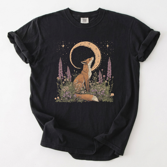 Mystical Celestial Fox & Wildflower Crescent Moon Shirt | Foxfire & Fable - Black