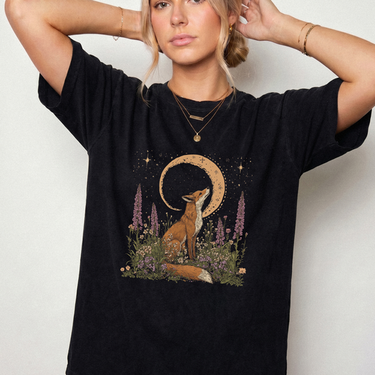 Mystical Celestial Fox & Wildflower Crescent Moon Shirt | Foxfire & Fable