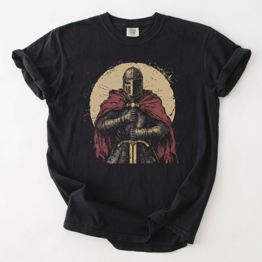 Dark Fantasy Knight T-Shirt Medieval Sword Warrior Tee | Foxfire & Fable - Black