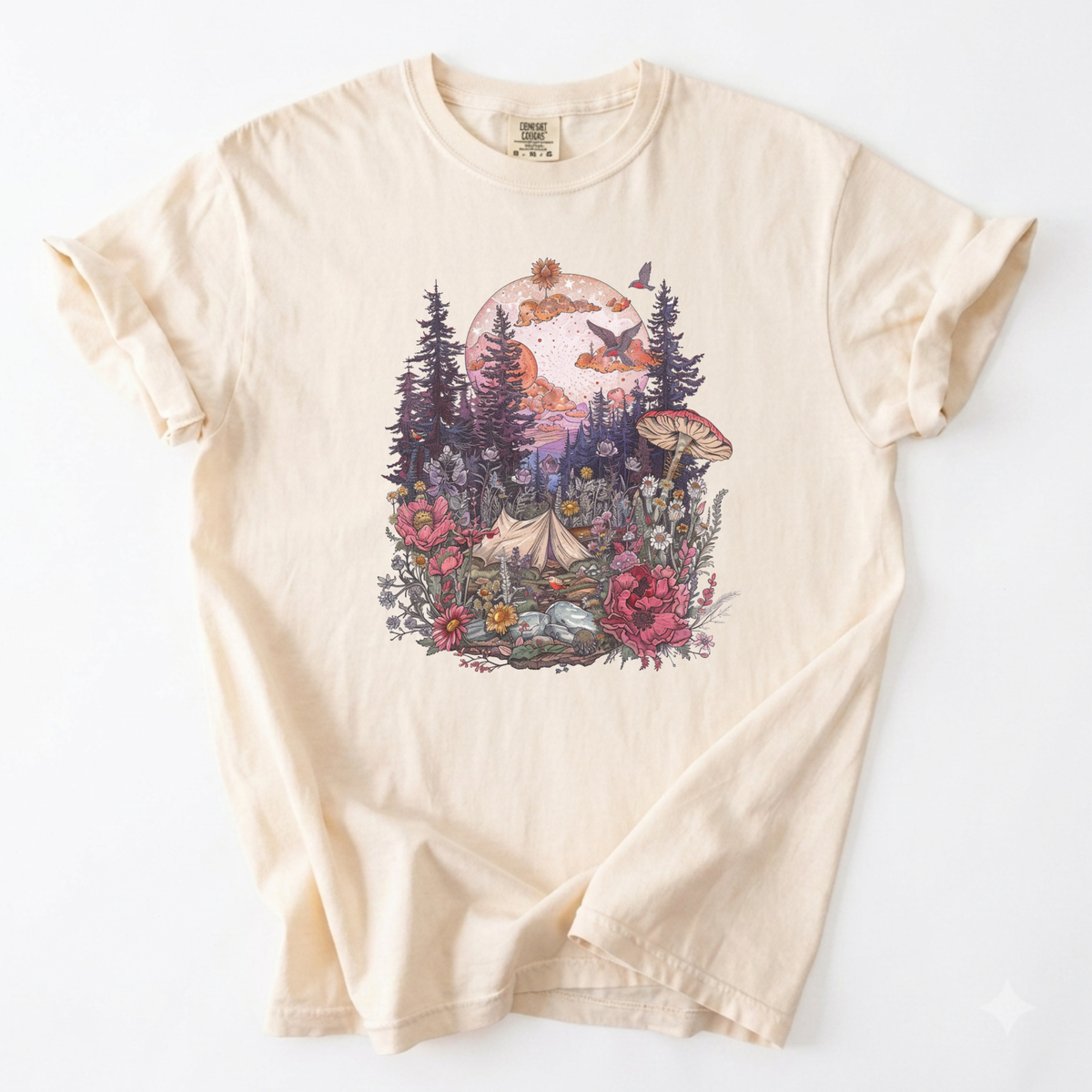 Celestial Forest Camping Shirt Enchanted Wildflower Tee | Foxfire & Fable - Ivory