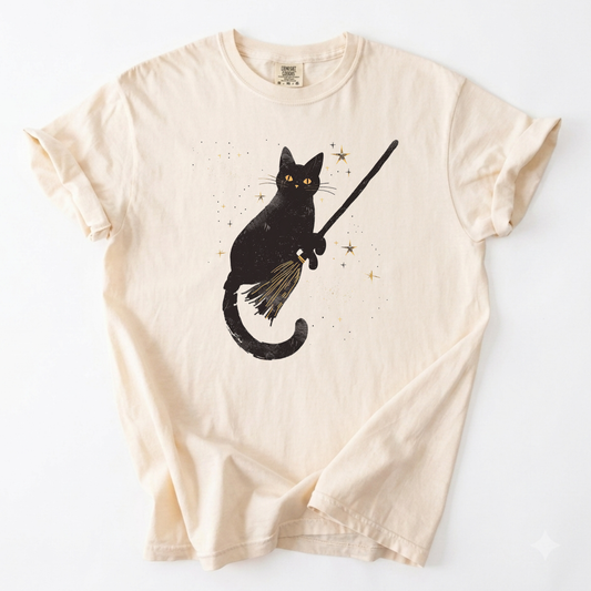 Celestial Black Cat Witch Broom Magic T-Shirt | Foxfire & Fable - Ivory