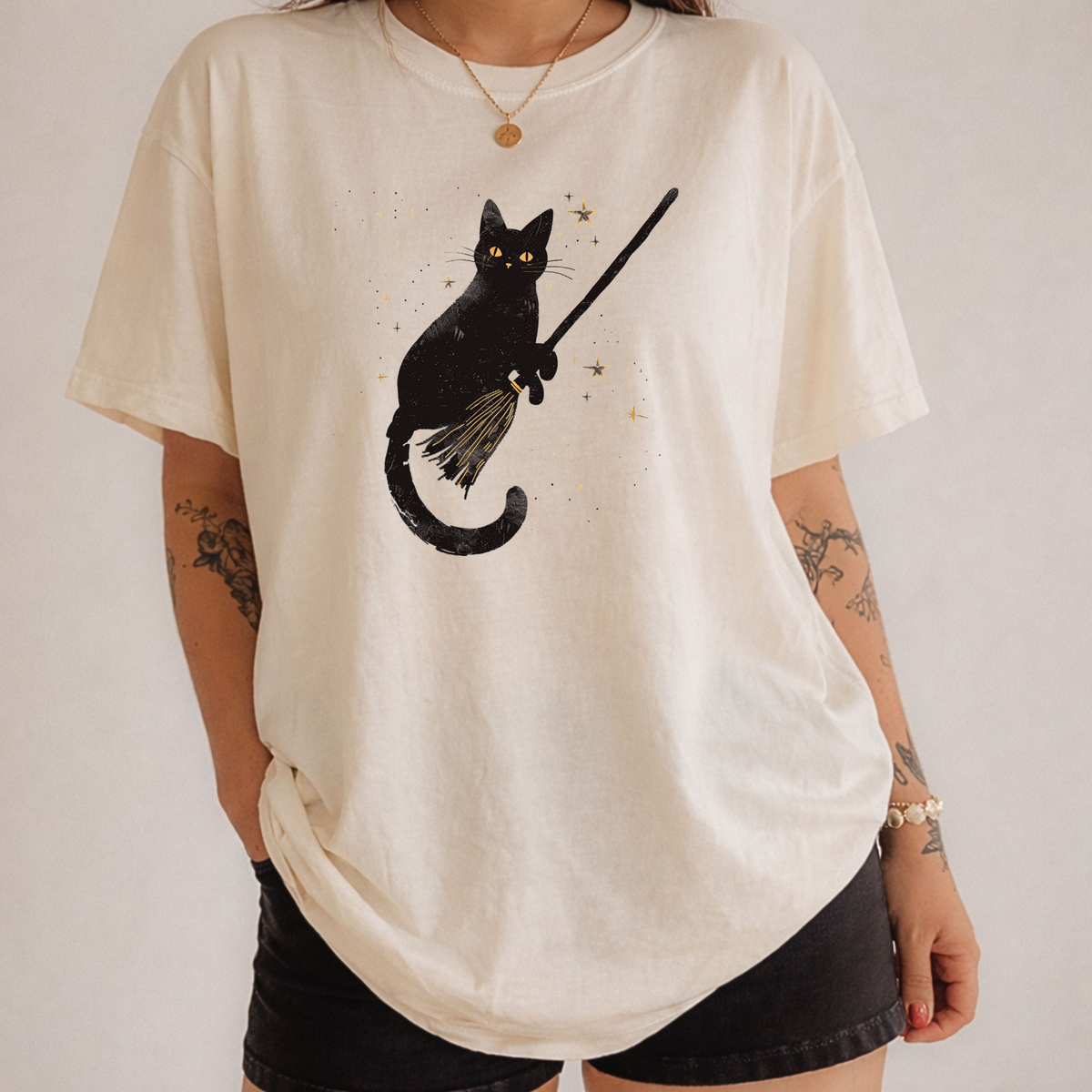 Celestial Black Cat Witch Broom Magic T-Shirt | Foxfire & Fable
